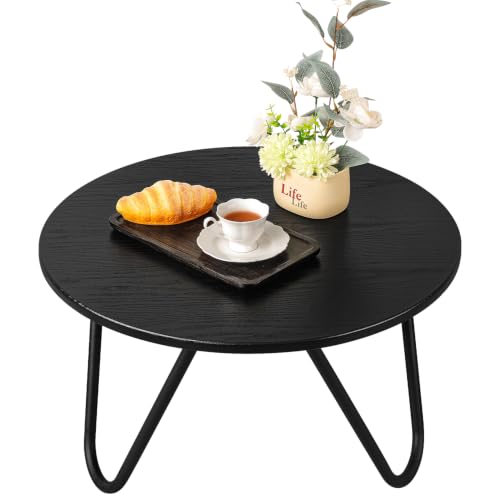 Image of Round Coffee Table Black Wooden Coffee Tables for Living Room Mid-Century Modern Center Table Wood Grain Desktop and Metal Legs Easy to Assemble