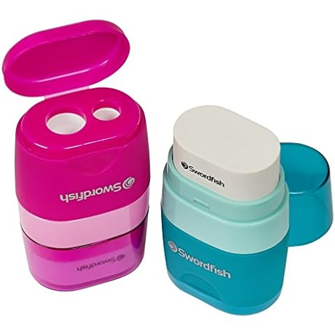 Swordfish ‘Twin Combo’ Double-Hole Pencil Sharpener and Eraser [Pack of 1] Assorted Colours [40296] Cover