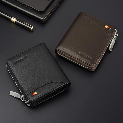 LAORENTOU Men Genuine Leather Wallet Fashion Pocket Short Wallet Card Holder for Man (Brown)