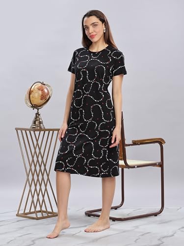 Image of 9shines Label Hosiery Cotton Knee Length Short Night Dress | Short Nighty for Women with Pocket | Graphic Print Nightwear | Night Gown for Women (M-7XL)