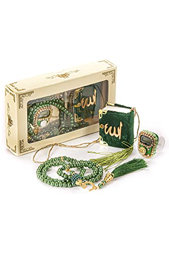 İhvan Online Mini Velvet Quran Set including Islamic Finger Counter, Portable Digital Tasbeeh, Muslim Prayer Beads