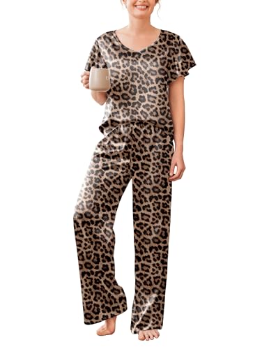 Image of Ekouaer Women's Satin Silky Pajama Set 2 Piece Short Sleeve Shirt with Long Pants Pjs Sets Soft PJ Loungewear S-XXL