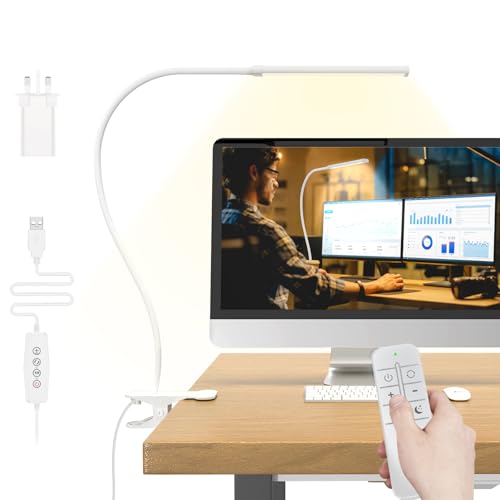 Mojimdo Lampe de bureau 77 LED avec télécommande, lampe à pince 70 cm, 3 couleurs, 10 niveaux de luminosité, flexible 360°, chargeur USB