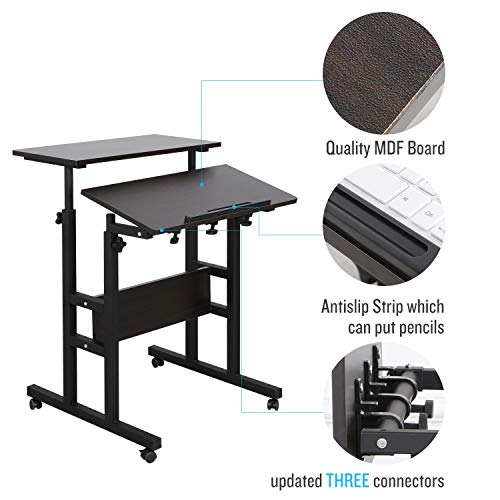 Qwork 2-Tier Mobile Standing Desk Stand Up Desk Height Adjustable Laptop Desk Home Office Workstation Ergonomic Sit-to-Stand Table Tilting Computer Desk on Wheels for Home Office School, Black