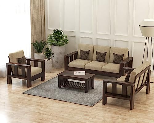Image of Solid Sheesham Wooden 5- to 6-Person Sofa Set for Living Room Furniture, 3+2+1 Sofa Set - Walnut Finish