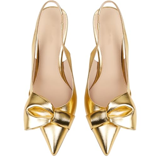 Image of Women's Slingback Heels with Bow Leather Pointed Toe Pumps with Elasticated Strap 3.3 inch High Heels Evening Comfy Dress Shoes