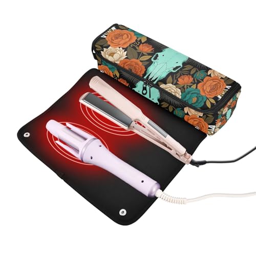 Bolsa de viaje para herramientas de cabello y tapete resistente al calor con cierre impermeable turquesa floral con calavera para planchas, rizadores y organizador de accesorios miniatura 2