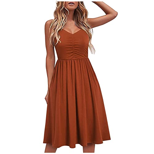 Sommerkleid Damen Midi Elegant Spaghettiträger-Kleid A Linien Strandkleid Sexy Schulterfrei Trägerkleid Freizeit Einfarbig Swing Kleid Hohe Taille...