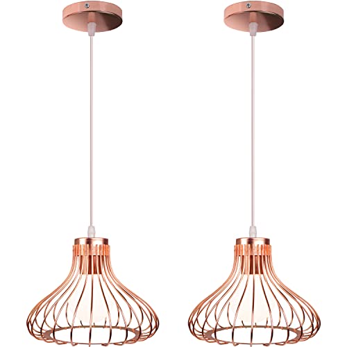 iDEGU 2 Piezas Lámparas de Techo Industriales Lámpara Colgante Estilo Vintage 23cm Pantalla de Metal en Forma de Jaula Negra Luz Colgante para Cocina Comedor Salón Bar Pasillo Restaurante (Oro Rosa)