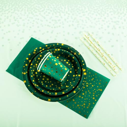 CEILIWEN 125PCS Green & Gold Stars Party Tableware Set - 9'' & 7'' Foil Paper Plates, Napkins, Cups & Straws - for Christmas, Birthday, Wedding, Graduation, New Year (Green & Gold Stars) - Image 7