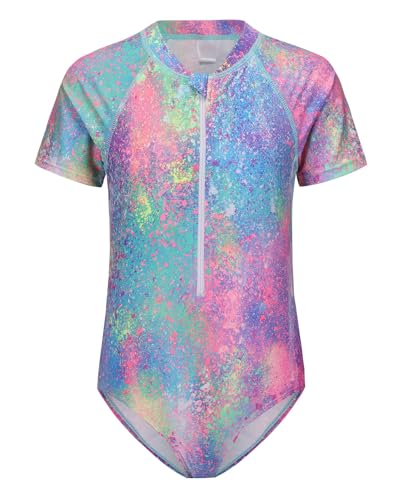 Image of Girls One Piece Rash Guard Swimsuits for Kids Girls Short Sleeve Bathing Suits with Front Zipper Swimwear 3-16 Years