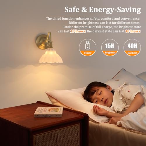 Image of Shenmoyl Battery Operated Wall Sconce Set of 2, Vintage Rechargeable Wall Lights with White Lily Glass Shade, Wireless Indoor Wall Lamp for Bedroom Living Room Bathroom