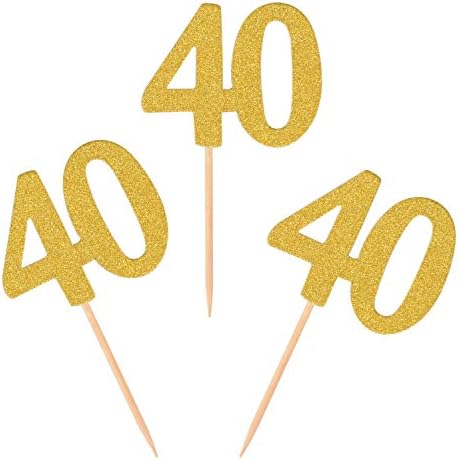 Donoter 50pcs 40th Cupcake Toppers Gold Glitter Number 40 Cake Pi...
