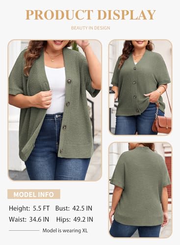 Image of Eytino Womens Plus Size Tops Casual V Neck Short Sleeve Waffle Knit Button Down Shirts(1X-5X)