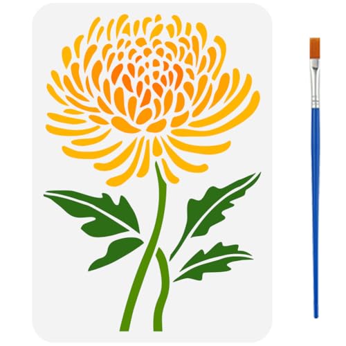 FINGERINSPIRE Chrysanthemums Stencil with Brush 8.3x11.7inch Reusable Flower Patterns Template Plastic PET Flower Leaves Stencil Hollowed Plant Theme Template for Painting on Wood Canvas Fabric