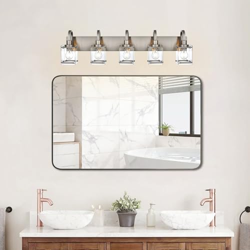 Image of Bathroom Vanity Light 5-Light Wall Sconce Lighting Modern Wall Light with Clear Glass Shade Modern Brushed Nickel Wall Lamp Mounted Lights Over Mirror for Living Room, Bedroom, Hallway
