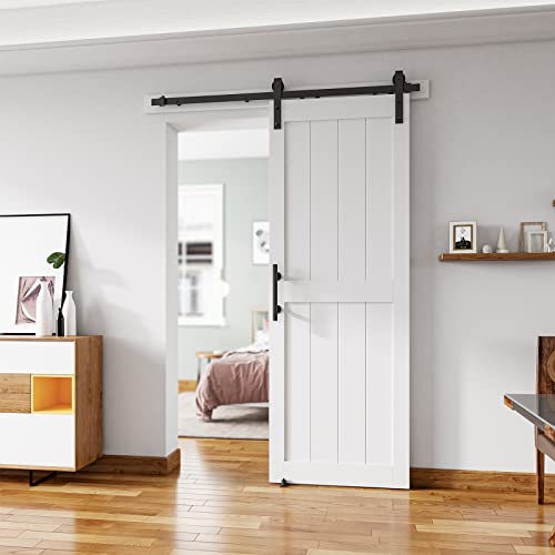 ALAMEDADT 30x84 Sliding Barn Door with 5 Ft Barn Door Hardware Kit& Handle& Floor Guides Pre-Drilled Holes Easy Assembly - Include Installation Manual Water-Proof PVC Surface H-Frame White
