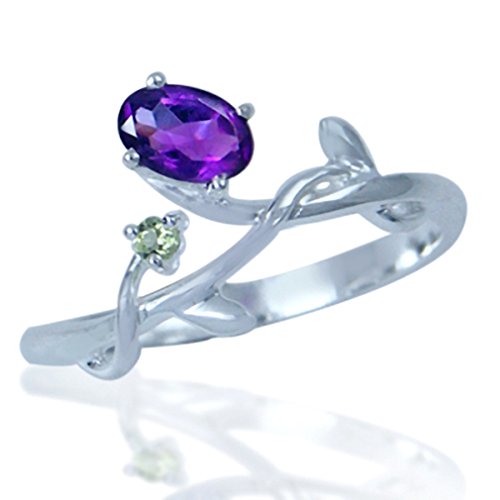 Silvershake Natural African Amethyst and Peridot 925 Sterling Silver Vine Leaf Ring Size 8.5