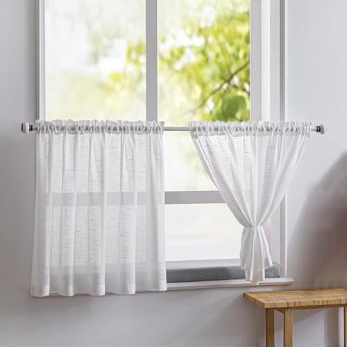Lumeclat Set de 2 Cortinas Cortas Semi-Transparentes, 63.5X93.5cm, Bistrot Blancas, Decoración de Cortinas, Aspecto Lino para Cocina, baño, Habitación y Sala, Estilo Rústico, para Ventanas Pequeñas