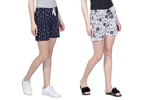 Image of Club A9 Women's Regular Fit Cotton Printed Shorts (Navy Blue, White)