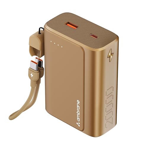 Image of Ambrane 20000mAh 35W Fast Charging Small Pocket Size Powerbank, Hanging InBuilt Type C Cable, Type C PD & USB Output for iPhone, Android Mobiles & Other Devices (PowerMini 20, Golden)