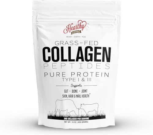 HEARTHY FOODS Collagen Powder - 18g Protein - Pure Halal Collagen Peptides Grass Fed Organic Hydrolyzed Powder | Type I and III Unflavoured Keto Friendly Gluten Free No Sugar Non GMO 16 Oz