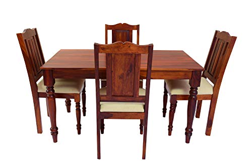 Image of 4 Seater Wooden Dining Table Set | Table Size 51 x 33 x 29 Inches | Chair Size 18 x 18 x 39 Inches | Dining Room Furniture Set with 4 Chairs | Sturdy Construction (Teak Finish)