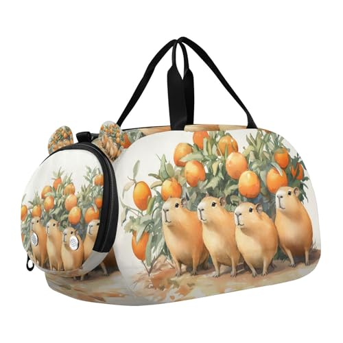 Duffle Bag for Boys or Girls with Shoes Compartment, Orange Four Capybaras Sports Travel Bag Overnight