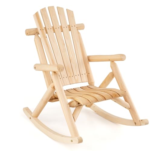 COSTWAY Fauteuil à Bascule Adirondack Exterieur Interieur, Rocking Chair en Bois Massif, Siège Incurvé, Haut Dossier Éventail, Chaise pour Jardin Terrasse Balcon,...