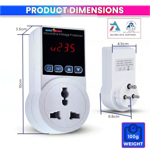 Image of amiciSmart Socket Voltage Protector 140-300V AC Adjustable 10A Load Capacity with 6A Plug Top | Over & Under Voltage Protection with Adjustable Settings, Delay Timer & Wide Compatibility