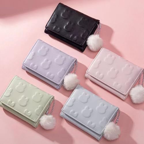 Small Wallet Women, Rabbit Print Cute Wallet with Pendant and Heart-Shaped ID Window Trifold Ultra-Thin Coin Purse2