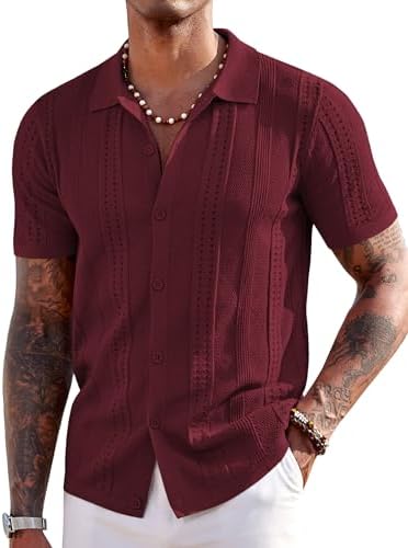 COOFANDY Men's Beach Button Up Shirt Short Sleeve Knit Shirts Fashion Summer Vacation Top Wine Red