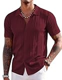 COOFANDY Men's Beach Button Up Shirt Short Sleeve Knit Shirts Fashion Summer Vacation Top Wine Red