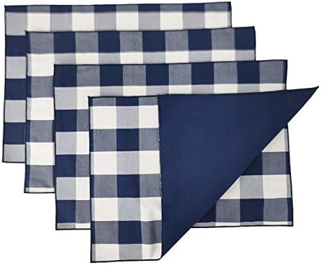 Fennco Styles Buffalo Check Double Layers Reversible Placemats 14" W x 20" L, Set of 4 - Handmade in USA - Navy Blue Plaid Table Mats for Everyday Use, Banquet, Holiday, Special Occasion