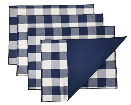 Fennco Styles Buffalo Check Double Layers Reversible Placemats 14" W X 20" L, Set Of 4 - Handmade In Usa - Navy Blue Plaid Table Mats For Everyday Use, Banquet, Holiday, Special Occasion #TOP17