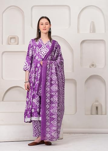 Image of Ethnic Villa Traditional Floral Anarkali Suit with Dupatta, 3 Sleeve Cotton Dress Set, Printed Kurta Palazzo with Dupatta Set (Pack of 1)