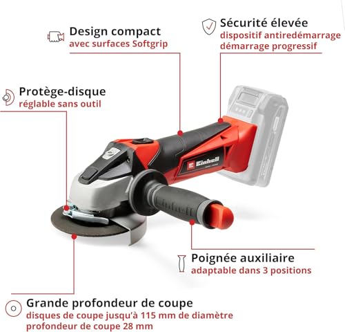 einhell meuleuse d'angle 115mm sans fil te ag 18 li solo power x change (18v, régime : 8500 trs/min, profondeur de coupe : 28 mm) livré sans batterie ni chargeur