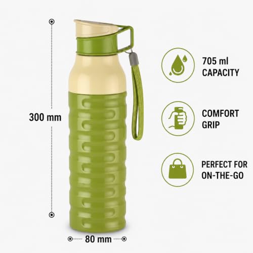 Image of CELLO Puro Steel-X Delta 900 PU Insulated Water Bottle for Office 705 ml Green | Wide Mouth Easy to Carry with Strap Leak Proof Flip Top Lid Inner Steel Water Bottle for School Kids, College & Travel