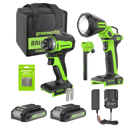 Image of Greenworks 24V Cordless Impact Driver & 2-in-1 Work Light Kit with 2x 2Ah Batteries & Charger - Brushless, Lightweight for DIY, Home Repairs & Outdoor Use