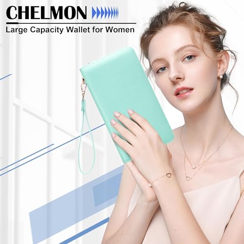 Chelmon Womens Wallet Genuine Leather RFID Blocking Purse Credit Card Clutch (CH Greenery Gold)