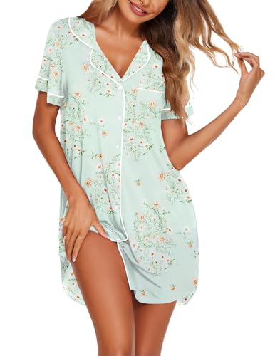 Image of Ekouaer Nightgowns for Women Bamboo Viscose Sleep Shirts Button Down Night Shirt Short Sleeve Boyfriend Pajama Dress