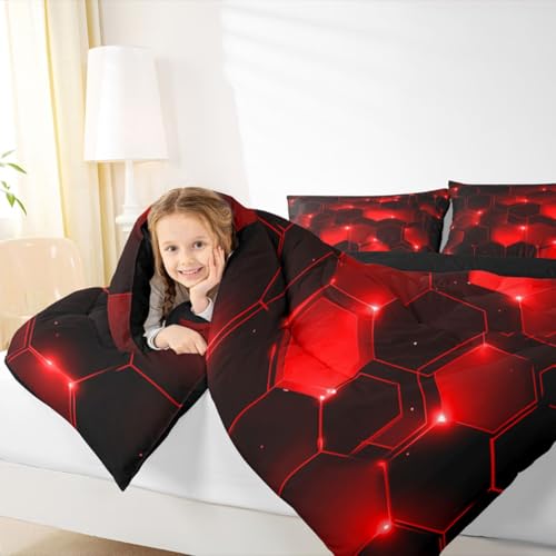 Image of Feelyou Honeycomb Bedding Set Full Size, Beehive Geometric Black Red Comforter Set Geometrical Comforter for Kids Boys Girls Teens Geometric Honeycomb Duvet Set Durable Quilt Set Full Size