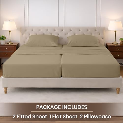 Image of SGI Split King Sheet Set for Adjustable Bed Egyptian Premium Cotton 600 Thread Count Sheets for Sleep Number Bed 15 inch Deep Pocket 5 Pc Set with 2 Twin XL Fitted Sheets Soft Breathable -Taupe