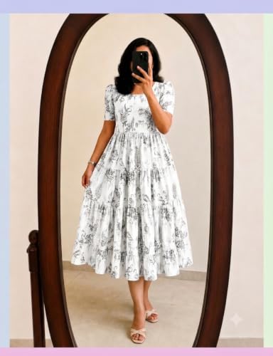 Image of Women's Rayon A-Line Midi Dress, Floral Print, Short Sleeves, Tiered Design, Round Neck, for Summer Wear