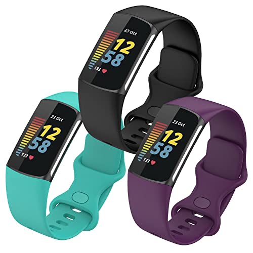 FunBand Straps Compatible with Fitbit Charge 5 Strap, Soft Silicone Sport Replacement Band Adjustable Wristband fit for Fitbit Charge 5 Activity Tracker for Women Men, 3-Pack