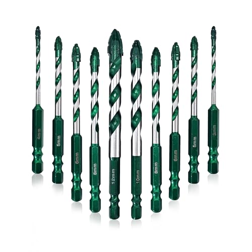 GVHAKG Sägezahnung Fliesenbohrer Exzenterbohrer-Set 10 tlg, Glasbohrer Set mit Kobalt，Keramikbohrer für Fliesen Beton Metall Ziegel Glas Kunststoff Holz (3-12 mm)