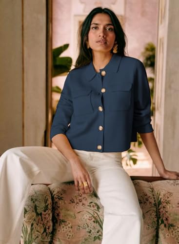 Womens Wool Pea Coat Button Up Open Front Trench Outerwear Long Sleeve Cropped Cardigan Jacket with Pockets3