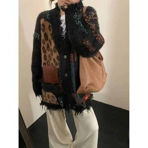Leopard Patchwork Cardigans Knit Button Up V Neck Oversized Long Sleeve Fall Casual Streetwear Cardigans4