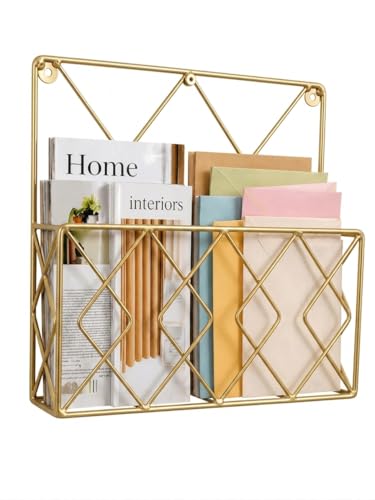 Image of Hanging File & Magazine Holder - Wall Mounted Metal Organizer for Newspapers, Documents & Office Storage | Decorative Wall Rack for Home & Workspace (Golden)