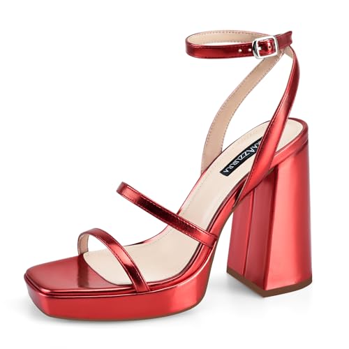 Image of MIRAAZZURRA Platform Strappy Heel Sandals Square Open Toe Two Strap Chunky High Heeled Sandals with Buckle Ankle Strap for Women Party Wedding Dress